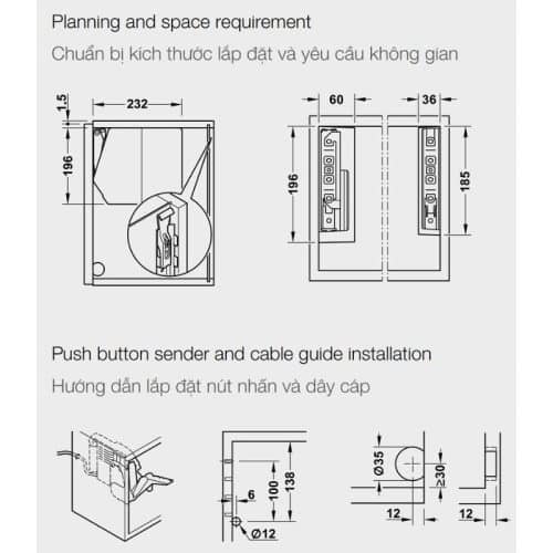 Kích thước bộ tay nâng FREE FLAP 3.15 E Hafele 372.29.703 nắp xám