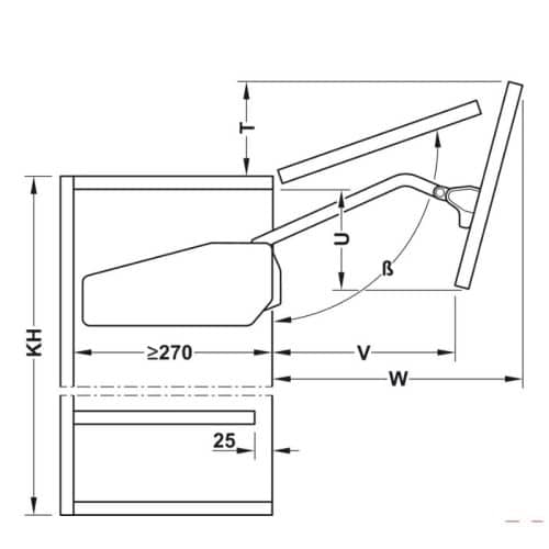 Kích thước bộ tay nâng FREE FOLD SHORT Hafele 493.05.898, trắng
