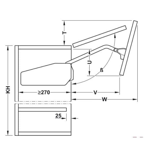 Kích thước bộ tay nâng FREE FOLD SHORT Hafele 493.05.899, trắng