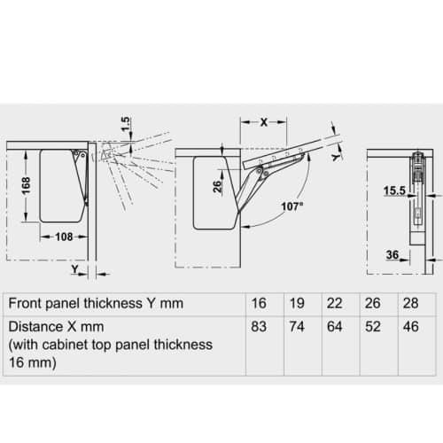 Kích thước bộ tay nâng FREE FLAP 1.7 Hafele 493.05.822 nắp trắng