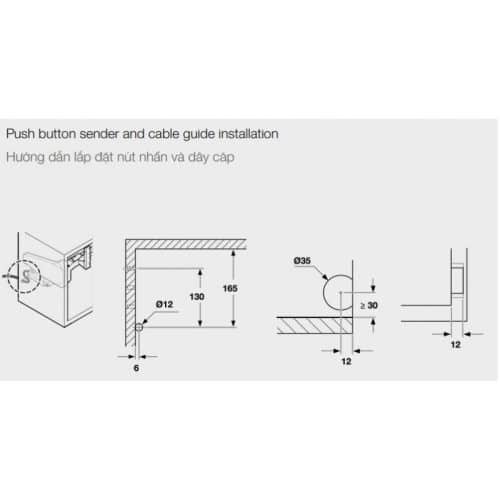 Kích thước bộ tay nâng FREE UP E Hafele 372.29.707 nắp trắng