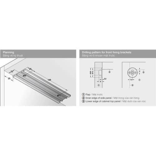 Kích thước phụ kiện cáp đỡ mặt trước với Bas điều chỉnh Hafele 365.46.050