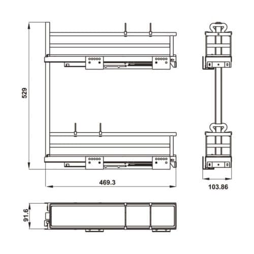 Kích thước bộ rổ gia vị Hafele Omero 549.20.840 150mm (phải)