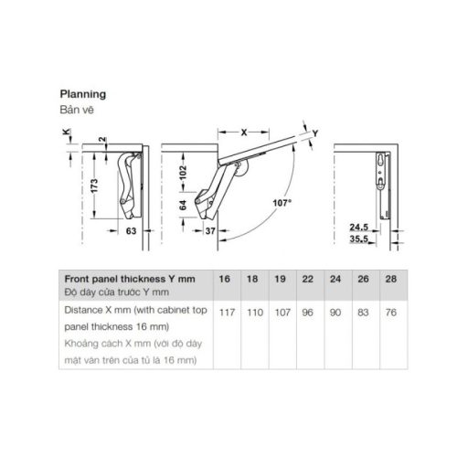 Bản vẽ của tay nâng Hafele Free Space 1.11 D 493.05.912