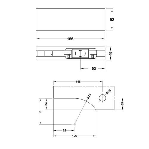 Kích thước Kẹp kính dưới đen mờ Hafele 981.00.655