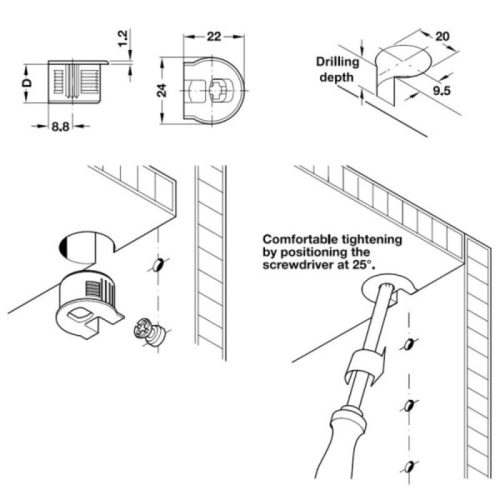 Kích thước thân ốc liên kết cho gỗ dày từ 19mm Hafele 263.10.105