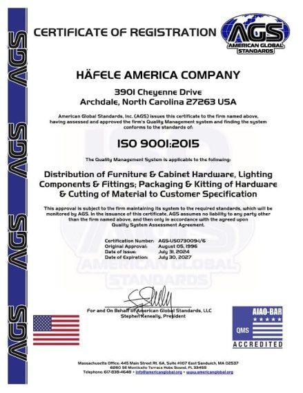 Hafele America Company tái chứng nhận ISO 9001 2015 giai đoạn 2024 2027